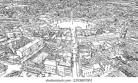 Sketch doodle style. Palmanova, Udine, Italy. An exemplary fortification project of its time was laid down in 1593, Aerial View  