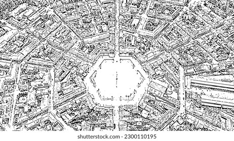 Sketch doodle style. Palmanova, Udine, Italy. An exemplary fortification project of its time was laid down in 1593, Aerial View  