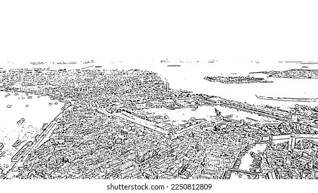 Sketch doodle style. Venice, Italy. Panoramic view of the historic center of Venice. sunny day, Aerial View  