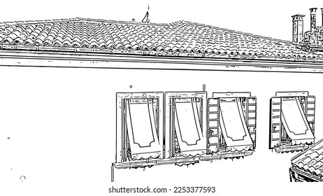 Sketch doodle style. Venice, Italy. Panoramic view of the historic center of Venice. sunny day, Aerial View  