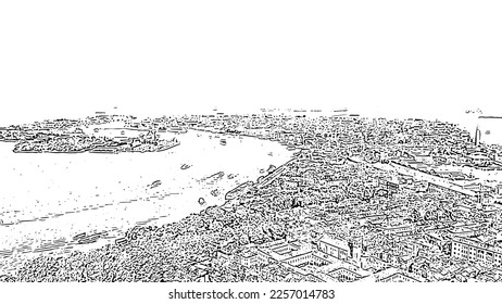 Sketch doodle style. Venice, Italy. Panoramic view of the historic center of Venice. sunny day, Aerial View  