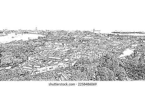 Sketch doodle style. Venice, Italy. Panoramic view of the historic center of Venice. sunny day, Aerial View  