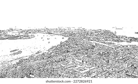 Sketch doodle style. Venice, Italy. Panoramic view of the historic center of Venice. sunny day, Aerial View  