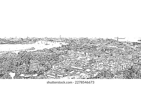 Sketch doodle style. Venice, Italy. Panoramic view of the historic center of Venice. sunny day, Aerial View  