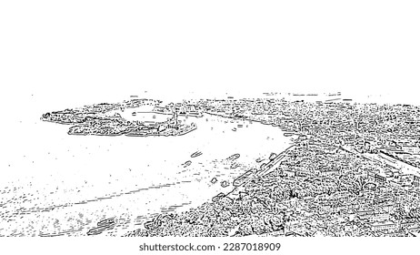 Sketch doodle style. Venice, Italy. Panoramic view of the historic center of Venice. sunny day, Aerial View  