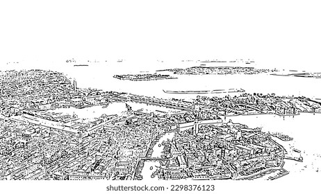 Sketch doodle style. Venice, Italy. Panoramic view of the historic center of Venice. sunny day, Aerial View  