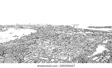 Sketch doodle style. Venice, Italy. Panoramic view of the historic center of Venice. sunny day, Aerial View  