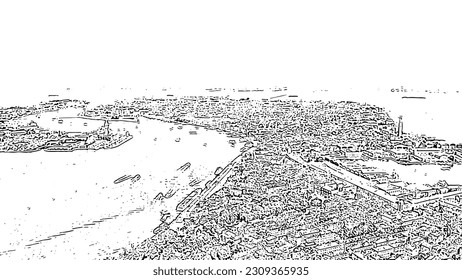 Sketch doodle style. Venice, Italy. Panoramic view of the historic center of Venice. sunny day, Aerial View  