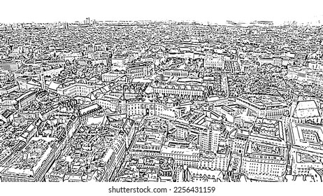 Sketch doodle style. Vienna, Austria. Michaellerplatz (St. Michael's Square), Hofburg Palace complex. Flight over the city of Vienna, Aerial View  