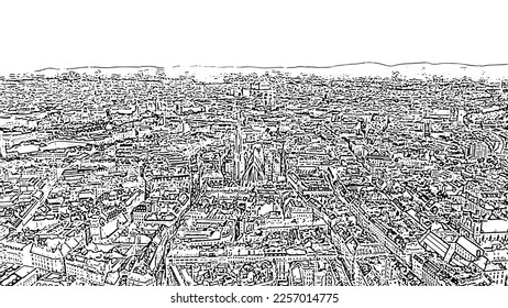 Sketch doodle style. Vienna, Austria. St. Stephen's Cathedral (Germany: Stephansdom). Catholic Cathedral - the national symbol of Austria, Aerial View  