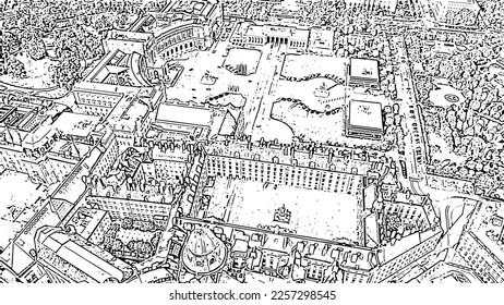 Sketch doodle style. Vienna, Austria. Michaellerplatz (St. Michael's Square), Hofburg Palace complex. Flight over the city of Vienna, Aerial View  