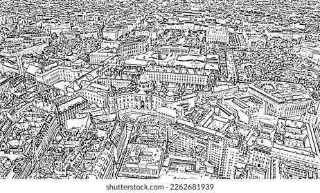 Sketch doodle style. Vienna, Austria. Michaellerplatz (St. Michael's Square), Hofburg Palace complex. Flight over the city of Vienna, Aerial View  