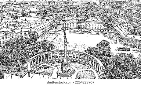 Sketch doodle style. Vienna, Austria. Monument to Soviet soldiers, Aerial View  