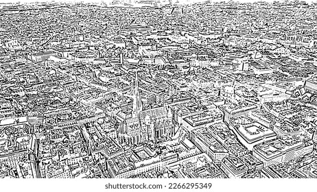 Sketch doodle style. Vienna, Austria. St. Stephen's Cathedral (Germany: Stephansdom). Catholic Cathedral - the national symbol of Austria, Aerial View  