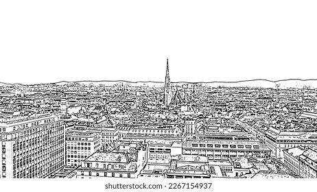Sketch doodle style. Vienna, Austria. St. Stephen's Cathedral (Germany: Stephansdom). Catholic Cathedral - the national symbol of Austria, Aerial View  