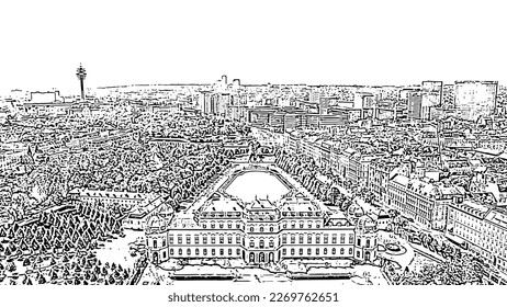 Sketch doodle style. Vienna, Austria. Baroque palace complex in Vienna. Built by Lucas von Hildebrandt at the beginning of the 18th century, Aerial View  