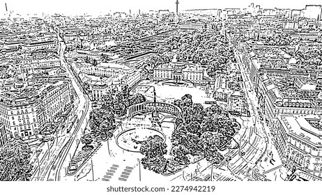 Sketch doodle style. Vienna, Austria. Monument to Soviet soldiers, Aerial View  