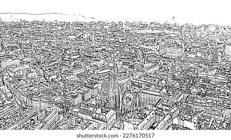 Sketch doodle style. Vienna, Austria. St. Stephen's Cathedral (Germany: Stephansdom). Catholic Cathedral - the national symbol of Austria, Aerial View  