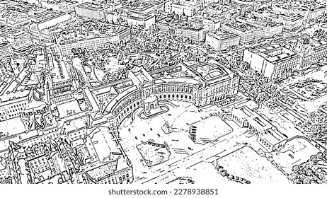 Sketch doodle style. Vienna, Austria. Hofburg Palace (Neue Burg). Prince Eugen - The statue of the horseman. Flight over the city of Vienna, Aerial View  