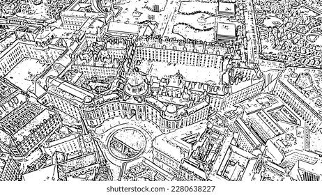 Sketch doodle style. Vienna, Austria. Michaellerplatz (St. Michael's Square), Hofburg Palace complex. Flight over the city of Vienna, Aerial View  