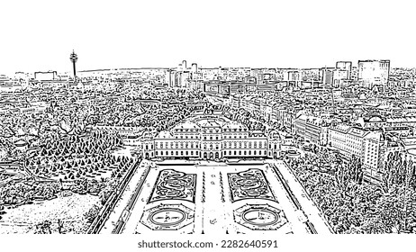 Sketch doodle style. Vienna, Austria. Baroque palace complex in Vienna. Built by Lucas von Hildebrandt at the beginning of the 18th century, Aerial View   svg