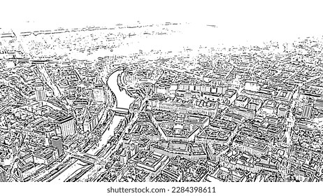 Sketch doodle style. Vienna, Austria. Flight over the historic city center of Vienna. Canal Donaucanal, Aerial View  