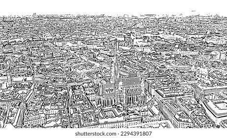 Sketch doodle style. Vienna, Austria. St. Stephen's Cathedral (Germany: Stephansdom). Catholic Cathedral - the national symbol of Austria, Aerial View  