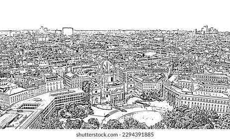 Sketch doodle style. Vienna, Austria. Karlskirche is a Catholic church located in the southern part of Karlsplatz in Vienna, Aerial View  