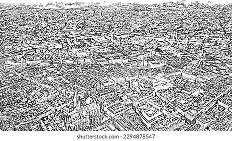 Sketch doodle style. Vienna, Austria. Flight over the historic city center of Vienna. Parks and palaces. St. Stephen's Cathedral (Germany: Stephansdom), Aerial View  