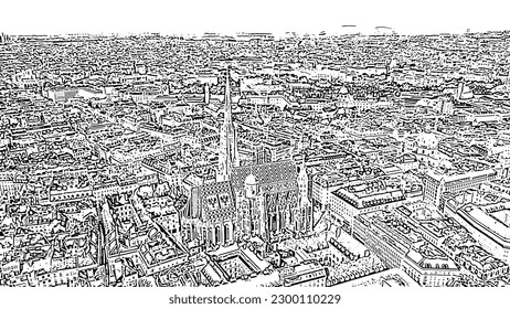 Sketch doodle style. Vienna, Austria. St. Stephen's Cathedral (Germany: Stephansdom). Catholic Cathedral - the national symbol of Austria, Aerial View  