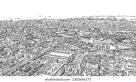 Sketch doodle style. Vienna, Austria. General panorama of the historical part of the city, Aerial View  