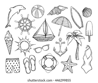 Sketch doodle of summer objects. Vector illustration. Hand draw travel holiday design element. Isolated on white background. Dolphin, sunglasses,umbrella,sun, beach,shells,wheel,boat,anchor,ice cream.