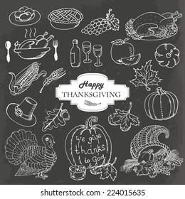 Sketch doodle Thanksgiving icon set on gray background. Hand draw vector illustration