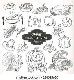 Sketch Doodle Thanksgiving Icon Set. Hand Draw Vector Illustration