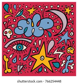 A sketch of doodles. Abstract background of many objects - eye, skull, bones, cloud, moon, stars, heart, watering can and lines.