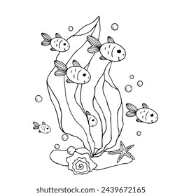 Sketch, doodles of algae with schools of fish. Vector graphics.