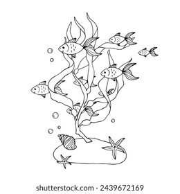 Sketch, doodles of algae with schools of fish. Vector graphics.
