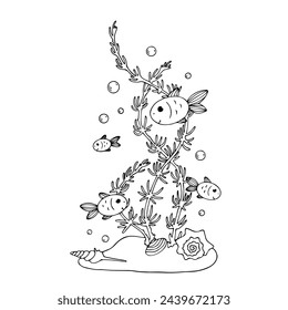 Sketch, doodles of algae with schools of fish. Vector graphics.