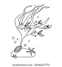 Sketch, doodles of algae with schools of fish. Vector graphics.	