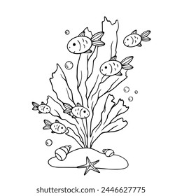 Sketch, doodles of algae with schools of fish. Vector graphics.	