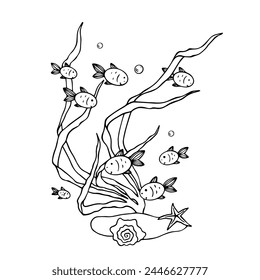 Sketch, doodles of algae with schools of fish. Vector graphics.	