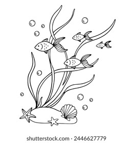 Sketch, doodles of algae with schools of fish. Vector graphics.	