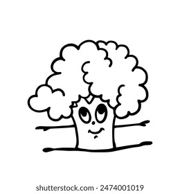 Sketch, doodles of a funny character, broccoli vegetable. Vector graphics.