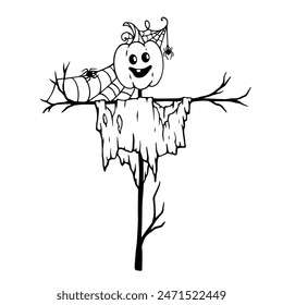 Sketch, doodles of a garden scarecrow with a pumpkin instead of a head in torn rags, in a web with spiders. Vector graphics.