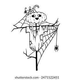 Sketch, doodles of a garden scarecrow with a pumpkin instead of a head in torn rags, in a web with spiders. Vector graphics.