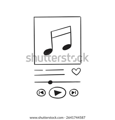 A sketch of a doodle-style music player template. Media content design: music, podcast, audiobook. Buttons and cover, rewind track