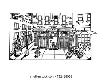 Sketch doodling illustration of cafe in New York. Funny  hand drawn picture. Monochrome background.