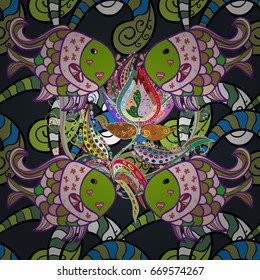 Sketch - dooles fishes pattern. Tropical fish, sea fish, aquarium fish on dark background. Vector illustration.