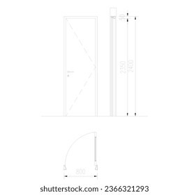 sketch of a door made of aluminum or wood, sketched with dimensions and notations