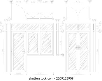 sketch of a door with two openings and a single door with a window